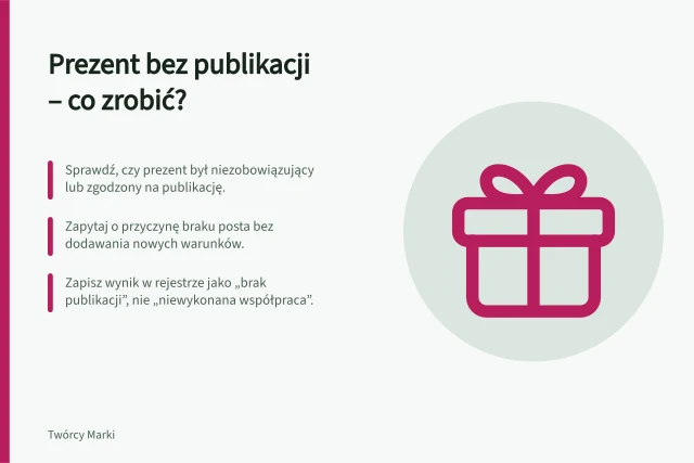 Prezent bez publikacji – co zrobić?: Sprawdź, czy prezent był niezobowiązujący lub zgodzony na publikację.; Zapytaj o przyczynę braku posta bez dodawania nowych warunków.; Zapisz wynik w rejestrze jako „brak publikacji”, nie „niewykonana współpraca”. Co zrobić, gdy prezent nie prowadzi do publikacji