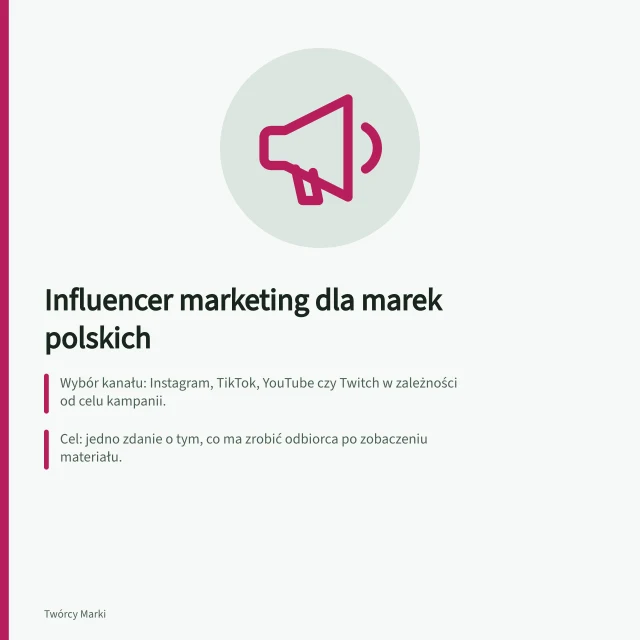 Influencer marketing dla marek polskich: Wybór kanału: Instagram, TikTok, YouTube czy Twitch w zależności od celu kampanii.; Cel: jedno zdanie o tym, co ma zrobić odbiorca po zobaczeniu materiału.; Mierzenie wyników: UTM do śledzenia ruchu i analiza danych zgodnie z celem kampanii. Influencer marketing dla polskich marek