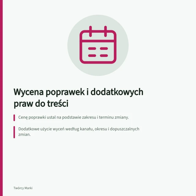 Wycena poprawek i dodatkowych praw do treści: Cenę poprawki ustal na podstawie zakresu i terminu zmiany.; Dodatkowe użycie wyceń według kanału, okresu i dopuszczalnych zmian.; Oddziel opłatę za uprawnienie od kosztu emisji reklamy. Jak wycenić poprawki i dodatkowe prawa do treści