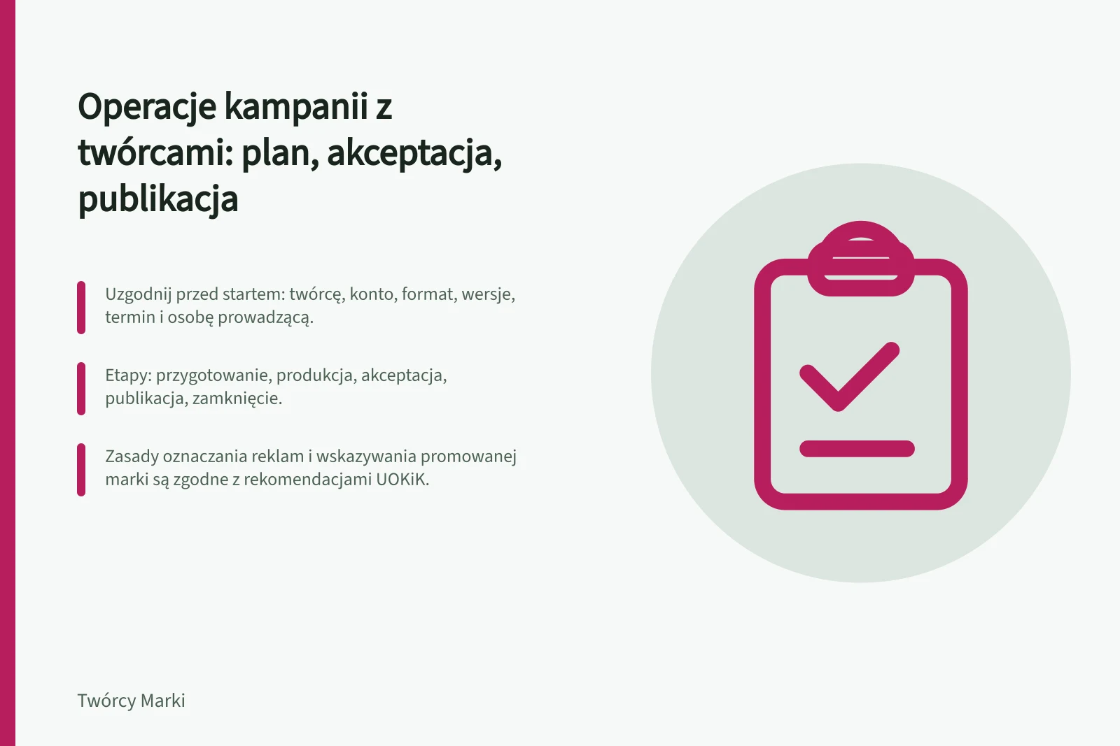 Operacje kampanii z twórcami: plan, akceptacja, publikacja: Uzgodnij przed startem: twórcę, konto, format, wersje, termin i osobę prowadzącą.; Etapy: przygotowanie, produkcja, akceptacja, publikacja, zamknięcie.; Zasady oznaczania reklam i wskazywania promowanej marki są zgodne z rekomendacjami UOKiK.