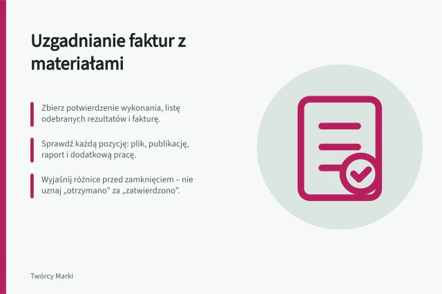 Uzgadnianie faktur z materiałami: Zbierz potwierdzenie wykonania, listę odebranych rezultatów i fakturę.; Sprawdź każdą pozycję: plik, publikację, raport i dodatkową pracę.; Wyjaśnij różnice przed zamknięciem – nie uznaj „otrzymano” za „zatwierdzono”. Uzgadnianie faktur z dostarczonymi materiałami