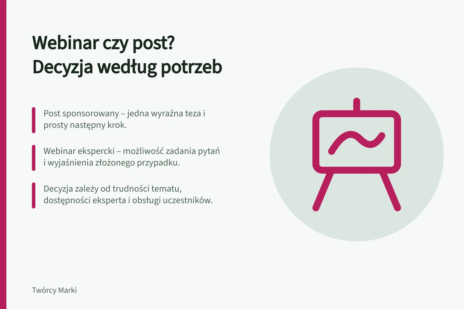 Webinar czy post? Decyzja według potrzeb: Post sponsorowany – jedna wyraźna teza i prosty następny krok.; Webinar ekspercki – możliwość zadania pytań i wyjaśnienia złożonego przypadku.; Decyzja zależy od trudności tematu, dostępności eksperta i obsługi uczestników.