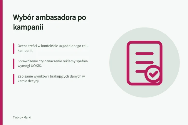 Wybór ambasadora po kampanii: Ocena treści w kontekście uzgodnionego celu kampanii.; Sprawdzenie czy oznaczenie reklamy spełnia wymogi UOKiK.; Zapisanie wyników i brakujących danych w karcie decyzji. Wybór ambasadora po pierwszej kampanii: ocena i decyzja
