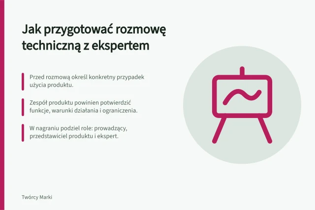 Jak przygotować rozmowę techniczną z ekspertem: Przed rozmową określ konkretny przypadek użycia produktu.; Zespół produktu powinien potwierdzić funkcje, warunki działania i ograniczenia.; W nagraniu podziel role: prowadzący, przedstawiciel produktu i ekspert. Wyjaśnienie technicznego produktu w rozmowie z ekspertem