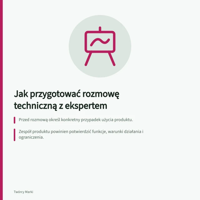 Jak przygotować rozmowę techniczną z ekspertem: Przed rozmową określ konkretny przypadek użycia produktu.; Zespół produktu powinien potwierdzić funkcje, warunki działania i ograniczenia.; W nagraniu podziel role: prowadzący, przedstawiciel produktu i ekspert. Wyjaśnienie technicznego produktu w rozmowie z ekspertem