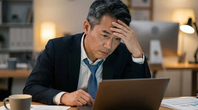 businessman, office, stress, tired, laptop, working late, professional, executive, headache, fatigue, suit, indoor, night, business, corporate, work, technology, desk, mental health, pensive, dark, concentration, overtime, ai generated. Wykrywanie zmęczenia powtarzaną współpracą