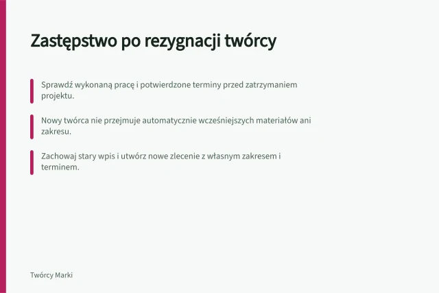 Zastępstwo po rezygnacji twórcy: Sprawdź wykonaną pracę i potwierdzone terminy przed zatrzymaniem projektu.; Nowy twórca nie przejmuje automatycznie wcześniejszych materiałów ani zakresu.; Zachowaj stary wpis i utwórz nowe zlecenie z własnym zakresem i terminem. Zastępstwo po rezygnacji twórcy